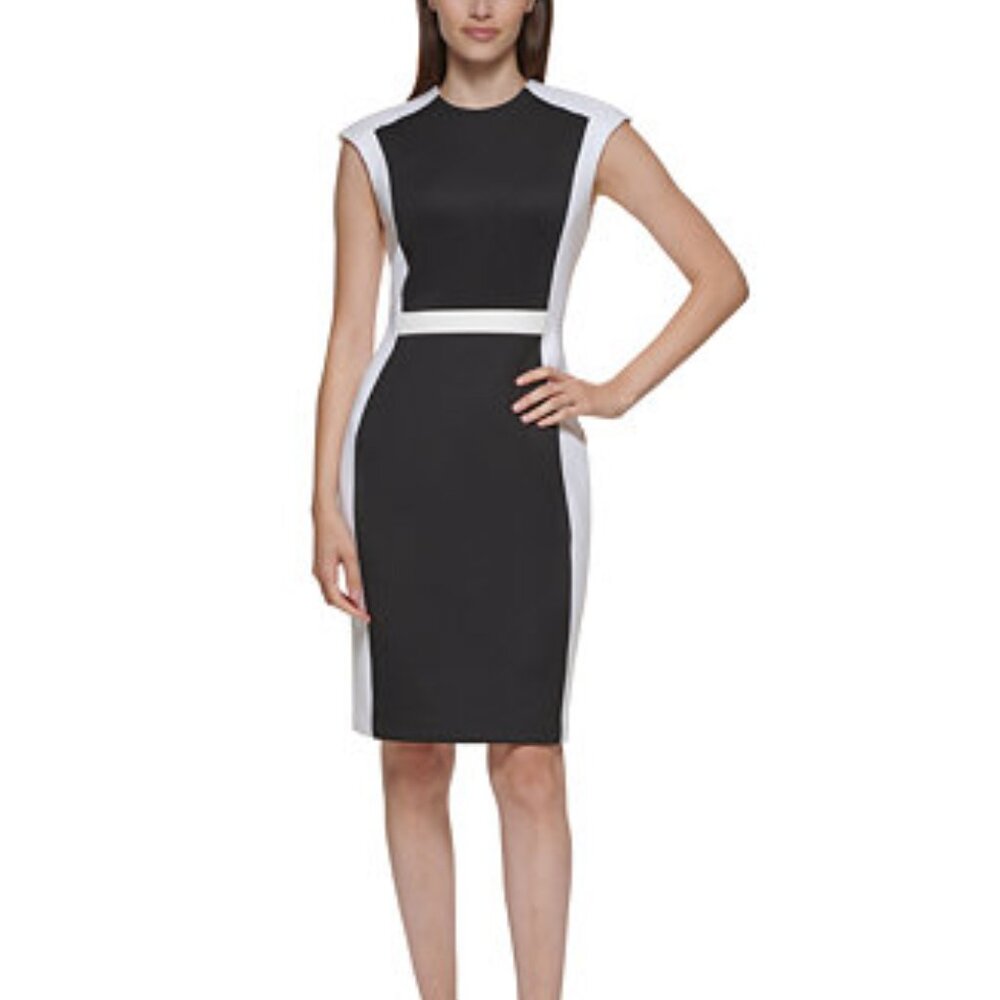 Calvin Klein Women's Colorblocked Scuba Sheath Dress Size 14 Black/Cream/White